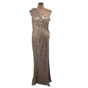 Gold Badgley Mischka Metallic Sequin One-Shoulder Maxi Dress